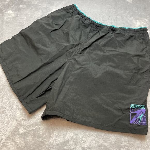 Vintage Speedo Swim Trunks Shorts Mens L Black Retro Logo Mesh Liner 80s 90s - Picture 1 of 11